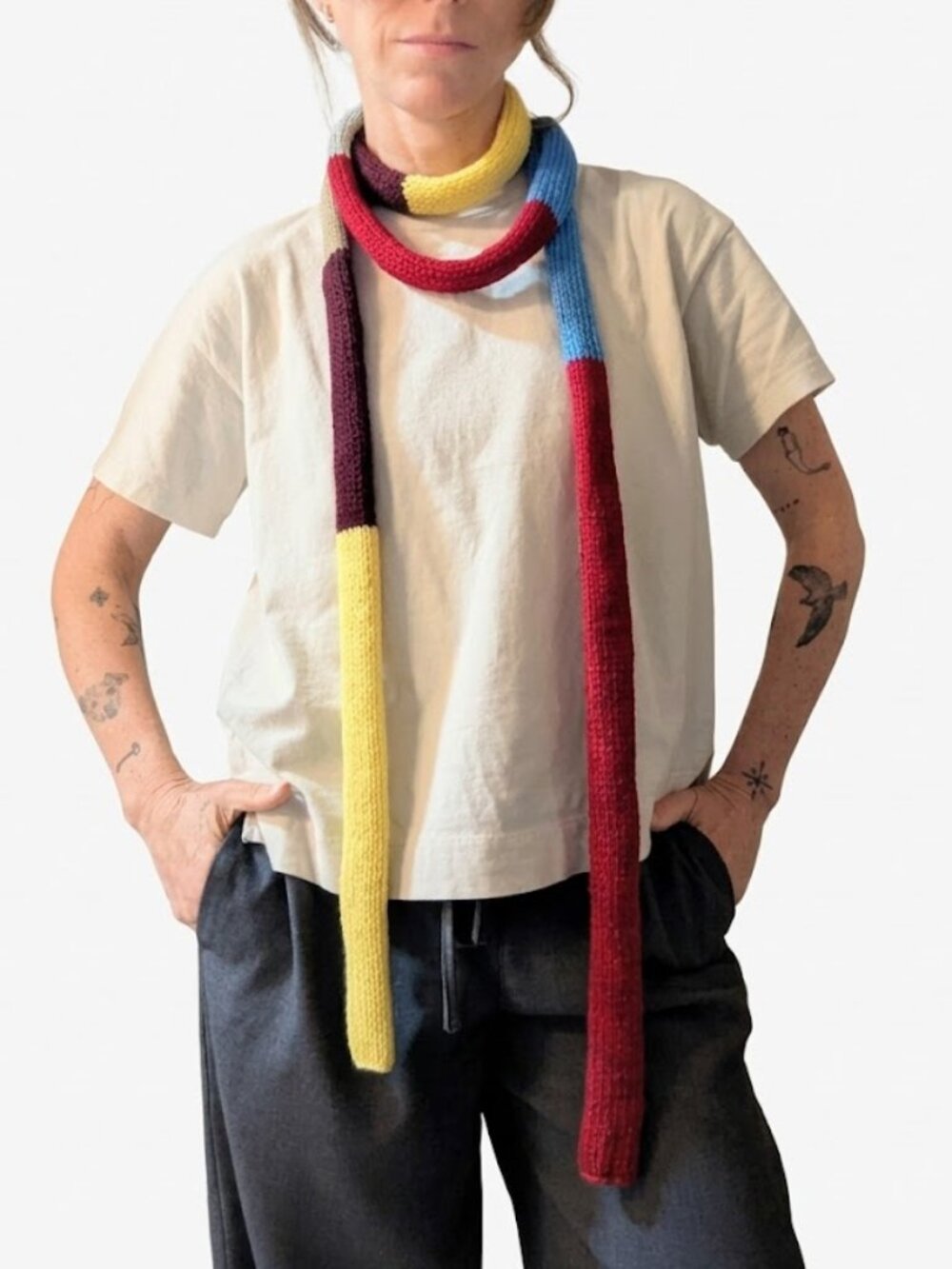 Merino Wool Skinny Scarf Blue Burgundy Butter Yellow Y2K - Picture 9 of 13
